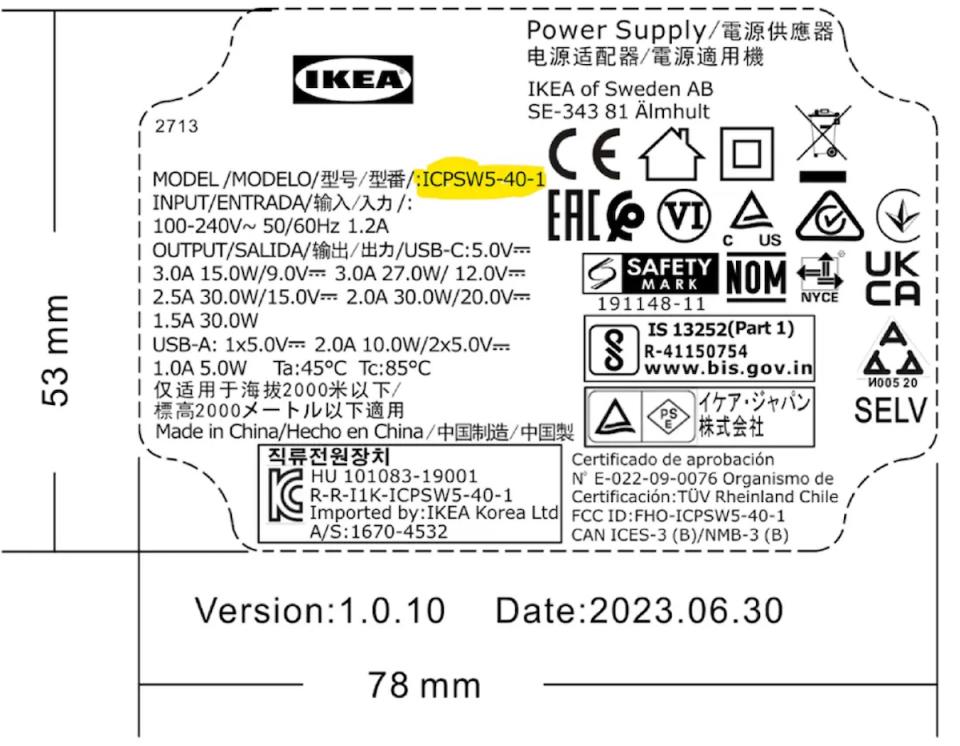 Check for model number ICPSW5-40-1 on the back label of the ÅSKSTORM 40W USB charger dark grey. 