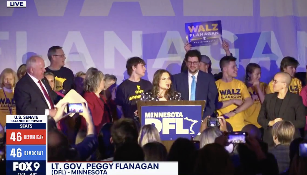 Minnesota Lt. Governor (White Earth Band of Ojibwe) celebrates her reelection with supporters after she and Governor Tim Walz beat back Republican challengers. (Photo: Fox 9 YouTube) 