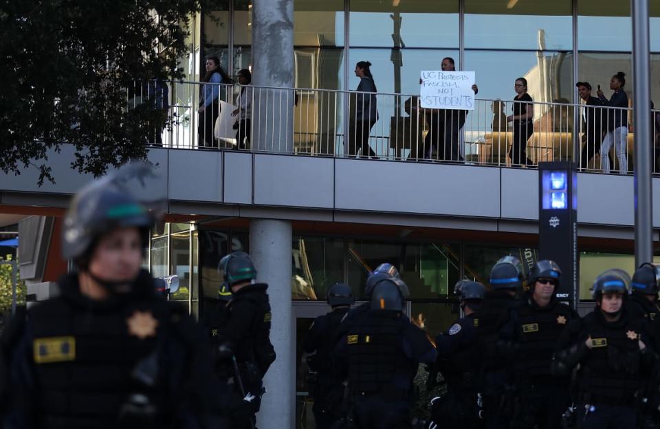 <div class="inline-image__caption"><p>University of California, Berkeley students stage a demonstration on Sept. 14, 2017, outside Zellerbach Hall on the Berkeley campus, where Ben Shapiro was scheduled to speak. </p></div> <div class="inline-image__credit">Justin Sullivan/Getty</div>