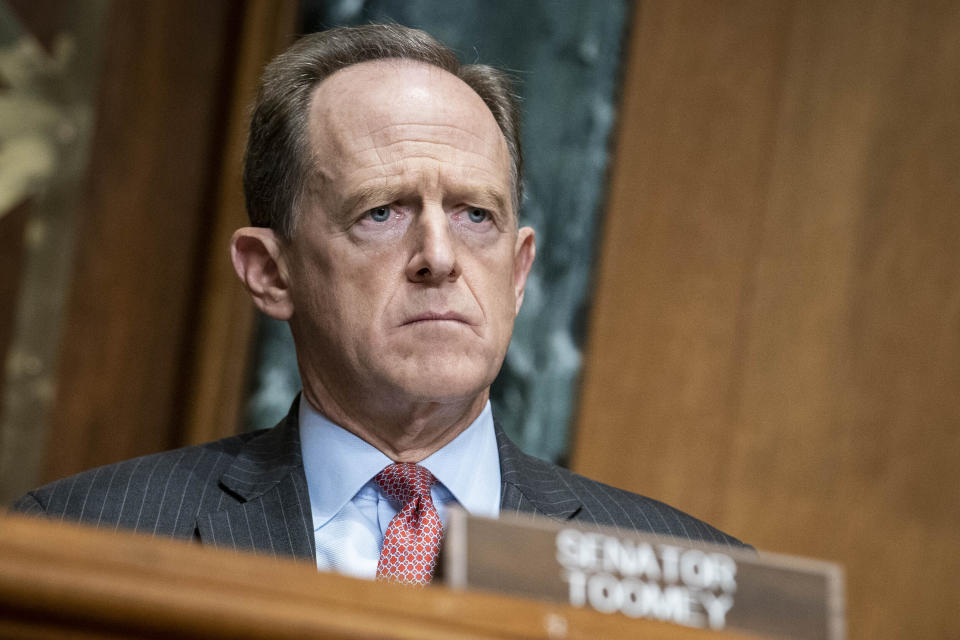 Sen. Pat Toomey, R-Pa., questions Treasury Secretary Steven Mnuchin during a Congressional Oversight Commission hearing on Capitol Hill in Washington, Thursday Dec. 10, 2020. (Sarah Silbiger/The Washington Post via AP, Pool)