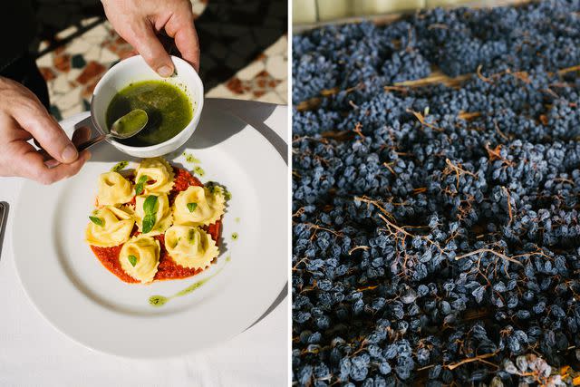 <p>Federico Ciamei</p> From left: Tortelloni at Corte Airone; grapes at Winery Zeni.