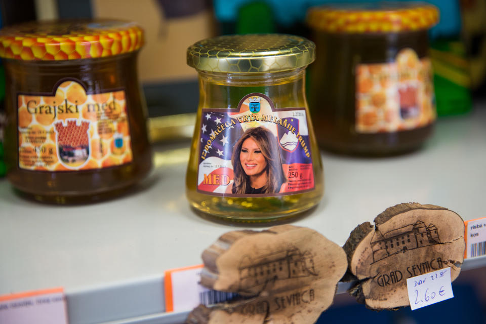 SEVNICA, SLOVENIA - Melania Trump-themed honey on a shelf. (Photo by Jack Taylor/Getty Images)