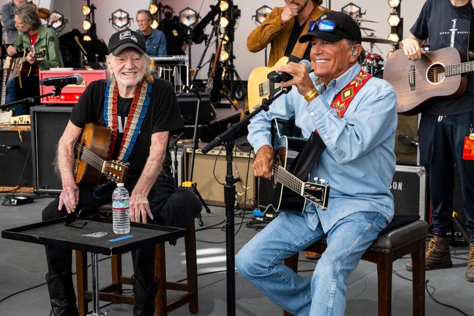 Willie Nelson and George Strait at rehearsals for two nights of concerts honoring Willie's 90th birthday at the Hollywood Bowl.