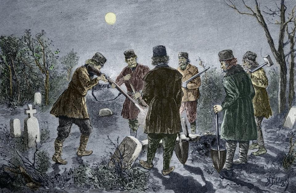 Soldiers witnessing vampire hysteria in Eastern Europe – such as people desecrating the graves of suspected vampires – carried tales back home. <a href="https://www.gettyimages.com/detail/news-photo/men-shoot-at-a-vampire-lying-staked-through-the-heart-in-a-news-photo/593280150?adppopup=true" rel="nofollow noopener" target="_blank" data-ylk="slk:Leemage/ Corbis Historical via Getty Images;elm:context_link;itc:0;sec:content-canvas" class="link ">Leemage/ Corbis Historical via Getty Images</a>
