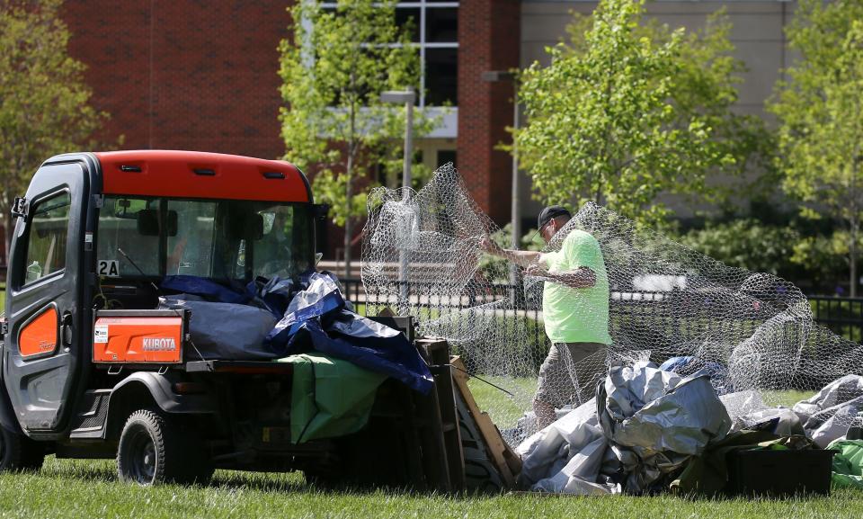 The beginnings of an encampment allegedly protesting the Israel-Hamas war was cleared Monday, May 6, 2024 at Hubbard Park on the University of Iowa campus in Iowa City, Iowa.