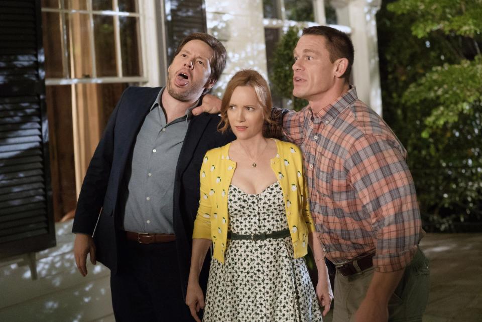 Ike Barinholtz, Leslie Mann, and John Cena in Blockers, 2018.