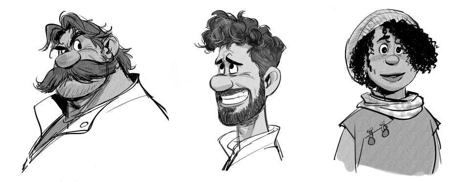 concept art of three characters in strange world. on the left is Jaeger Clade, a large man with an exaggerated mustache, raising one eyebrow skeptically. in the middle is searcher, a middle aged man with fluffy hair and a beard and goatee, smiling sheepishly. on the right is ethan, a biracial Black teen with curly dark hair coming out of a beanie. he's slightly smiling, earnestly