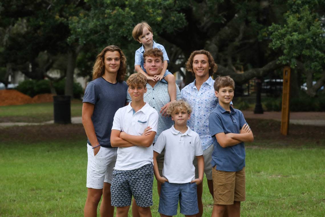 The Williams brothers in 2021. Front row, left to right: Tate, now 16; Caleb, 13; Graham, 14. Back row, left to right: UM quarterback commit Emory, 18; Aubrey, 22; Greyson, 21; Ross, 6, is on Aubrey’s shoulders.