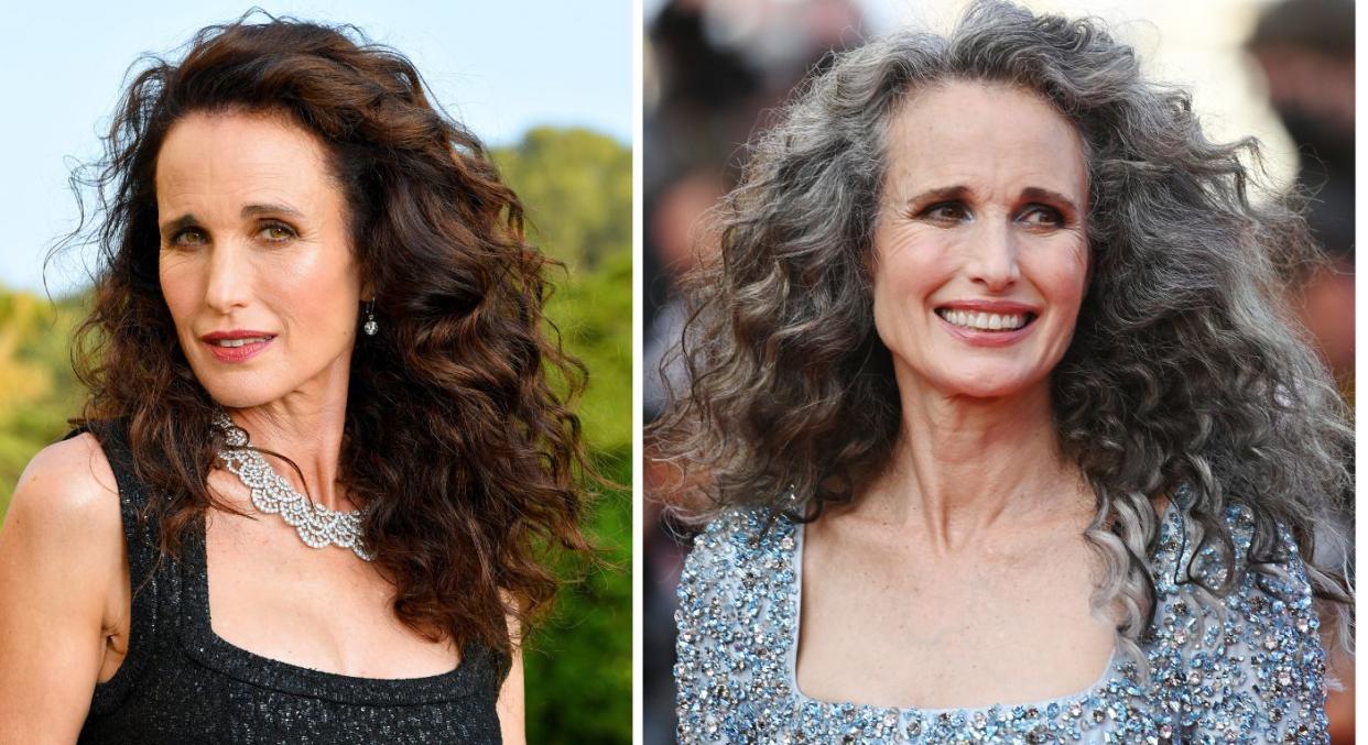 Andie MacDowell pictured in May 2019 (L) and May 2021 (R). (Getty Images)
