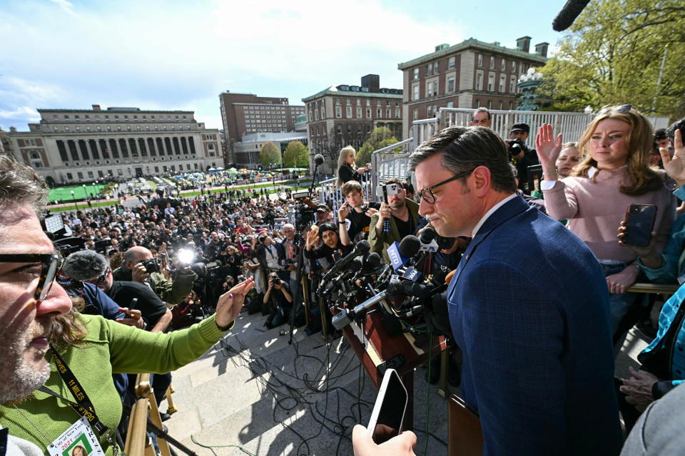 US Speaker of the House Mike Johnson takes questions from the media after meeting with Jewish students, as pro-Palestinian students and activists continue to protest the Israel-Hamas war on the campus of Columbia University in New York City on April 24, 2024. Tensions flared between pro-Palestinian student protesters and school administrators at several US universities on April 22, as in-person classes were cancelled and demonstrators arrested. (Photo by TIMOTHY A. CLARY / AFP) (Photo by TIMOTHY A. CLARY/AFP via Getty Images)