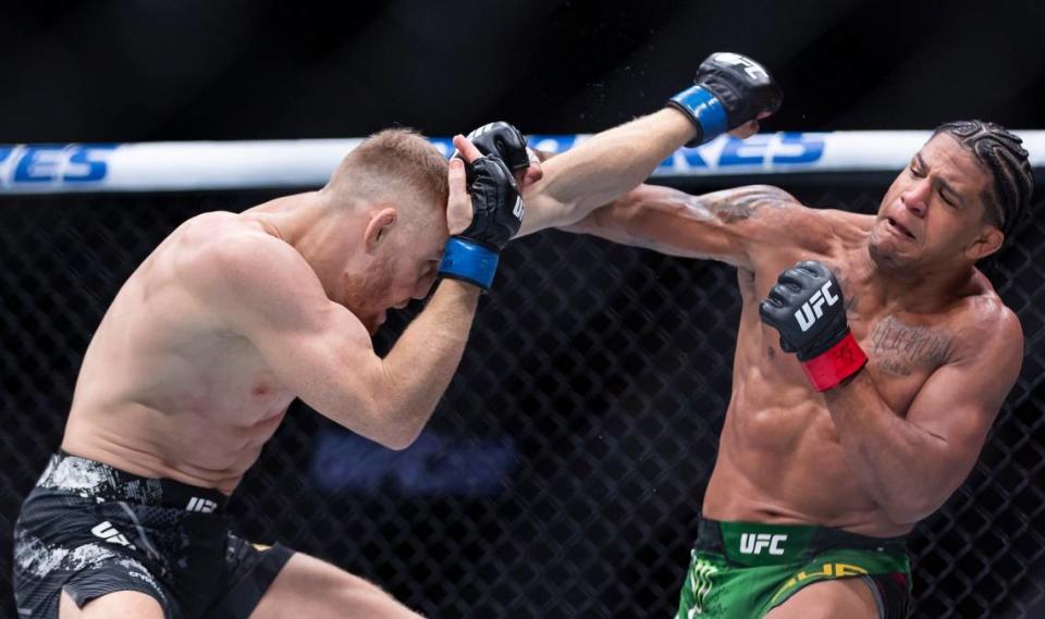 Gilbert Burns of Brazil fights against Jack Della Maddalena of Australia during their welterweight title match during the UFC 299 event at the Kaseya Center on Saturday, March 9, 2024, in downtown Miami, Fla.