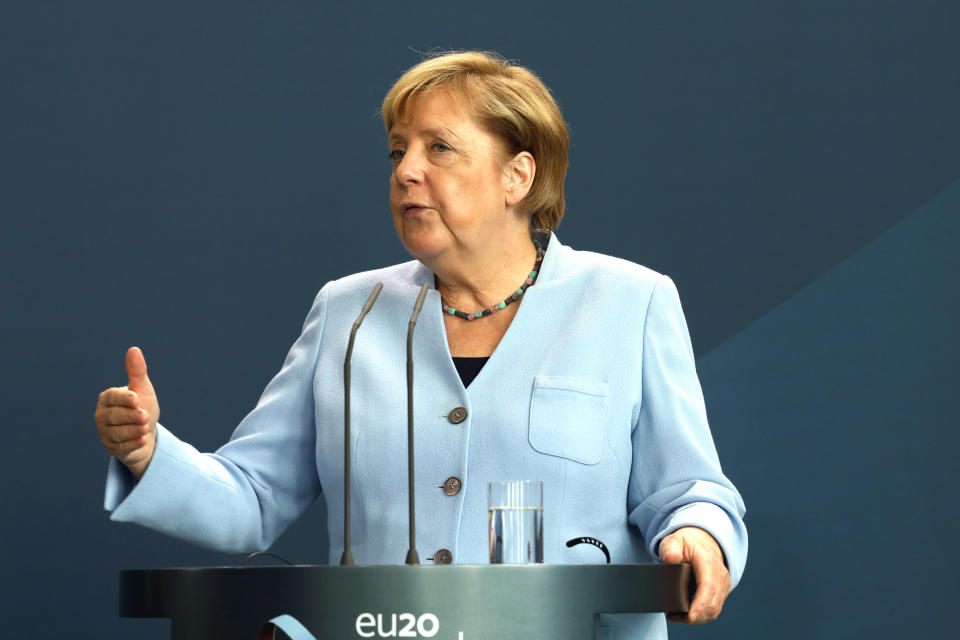 BERLIN, GERMANY - SEPTEMBER 03: German Chancellor Angela Merkel and Sweden's Prime Minister Stefan Lövfen (not pictured) address the media during a joint press conference as part of a meeting on September 3, 2020 in Berlin, Germany. (Photo by Yann Bombeke-Pool/Getty Images)