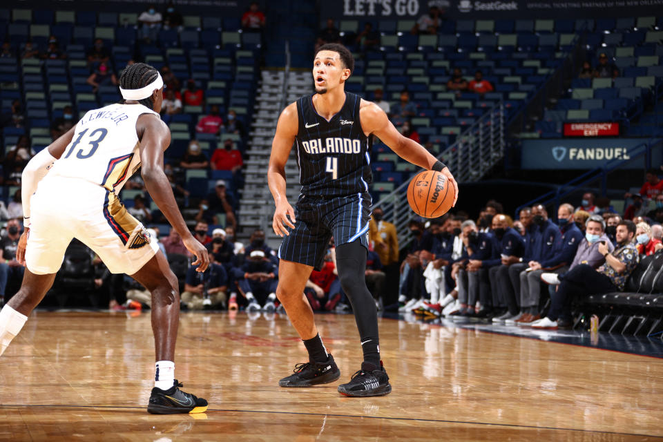 奧蘭多魔術菜鳥Jalen Suggs。（Copyright 2021 NBAE   Ned Dishman/NBAE via Getty Images/AFP / AFP / NBAE / Getty Images / Ned Dishman）