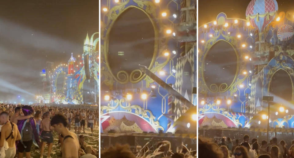 The crowd at the festival (left) and a piece of the stage falling down (right)