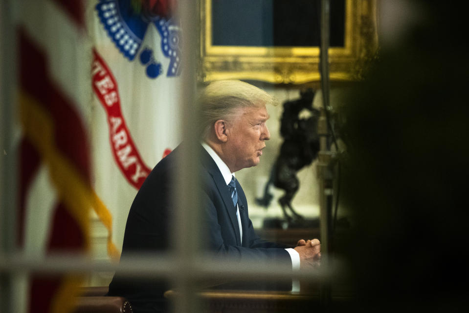 President Donald Trump addresses the nation from the Oval Office at the White House, Wednesday, March 11, 2020, in Washington. (AP Photo/Manuel Balce Ceneta)