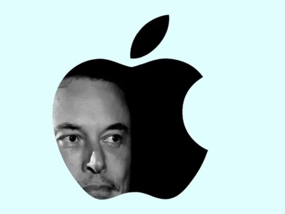 Elon Musk peeking out from an Apple Logo