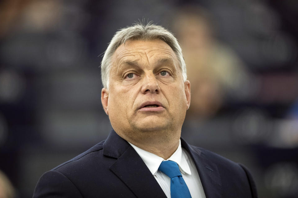 Hungary's Prime Minister Viktor Orban delivers his speech at the European Parliament in Strasbourg, eastern France, Tuesday Sept.11, 2018. The European Parliament debates whether Hungary should face political sanctions for policies that opponents say are against the EU's democratic values and the rule of law. (AP Photo/Jean-Francois Badias)