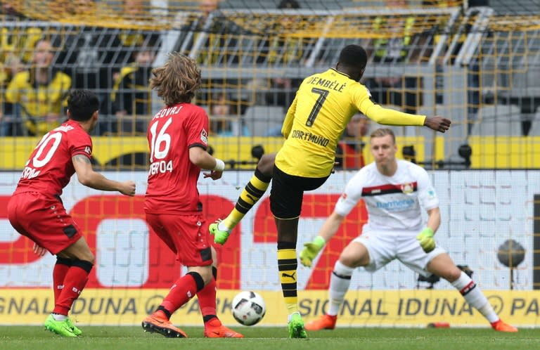 Dortmund's Ousmane Dembele scores a goal during their German First division Bundesliga match against Bayer Leverkusen, in Dortmund, on March 4, 2017