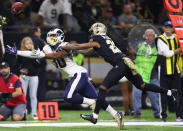 <p>Todd Gurley II #30 of the Los Angeles Rams cannot complete the pass against P.J. Williams #26 of the New Orleans Saints during the third quarter of the game at Mercedes-Benz Superdome on November 4, 2018 in New Orleans, Louisiana. (Photo by Gregory Shamus/Getty Images) </p>
