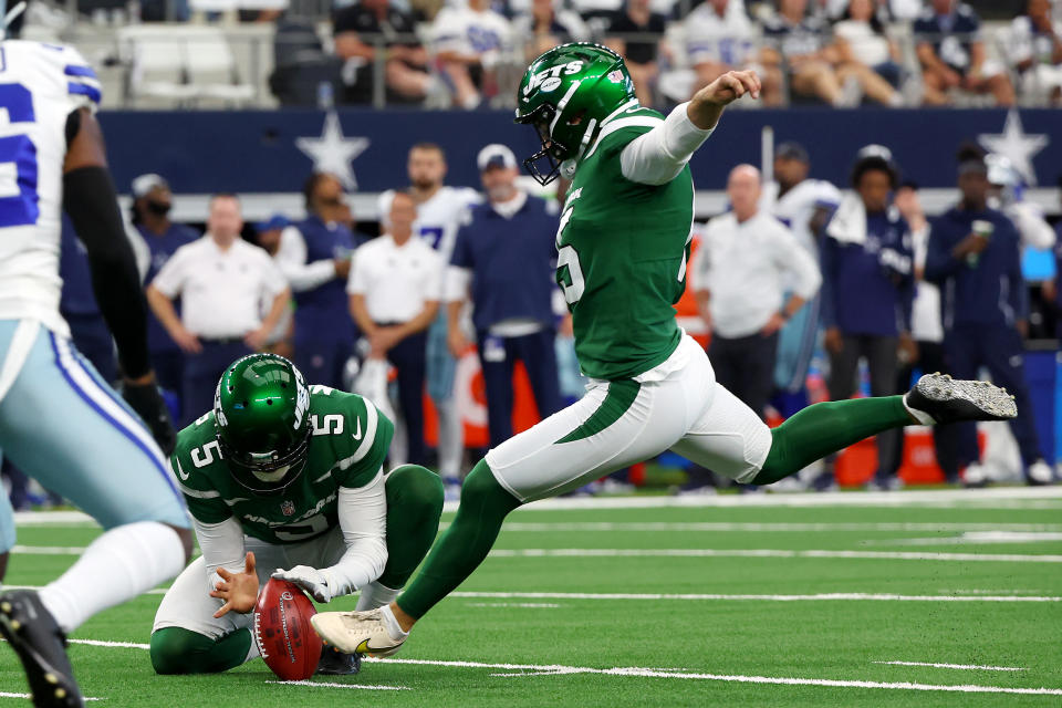 ARLINGTON, TEXAS – SEPTEMBER 17: Austin Seibert #15 of the New York Jets kicks a field goal during the second quarter against the Dallas Cowboys at AT&T Stadium on September 17, 2023 in Arlington, Texas. (Photo by Richard Rodriguez/Getty Images)