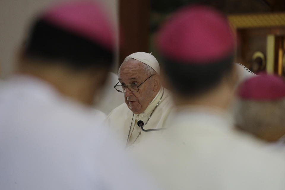 Pope Francis, center, visits St. Peter's Parish, Friday, Nov. 22, 2019, outside Bangkok, Thailand. (AP Photo/Gregorio Borgia)