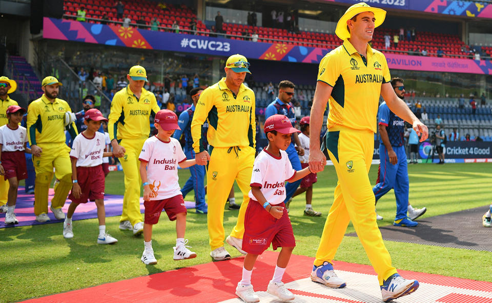 Pat Cummins and the Aussies, pictured here at the Cricket World Cup.