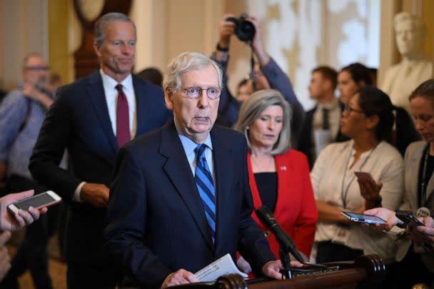 PHOTO: Senate Minority Leader Mitch McConnell speaks during a news conference following Senate Republican policy luncheons in Washington, DC, May 31, 2023. (Mandel Ngan/AFP via Getty Images)