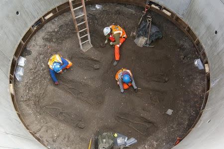 Archaeologists work on unearthed skeletons in the Farringdon area of London in this undated handout photograph released March 15, 2013. REUTERS/Crossrail/Handout