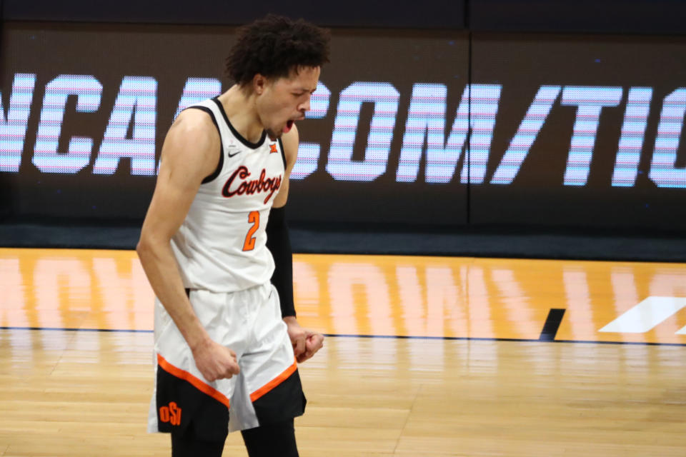 Cade Cunningham #2 of the Oklahoma State Cowboys reacts against the Oregon State Beavers during the second half in the second round of the 2021 NCAA Division I Mens Basketball Tournament held at Hinkle Fieldhouse on March 21, 2021 in Indianapolis, Indiana. (Photo by C. Morgan Engel/NCAA Photos via Getty Images)