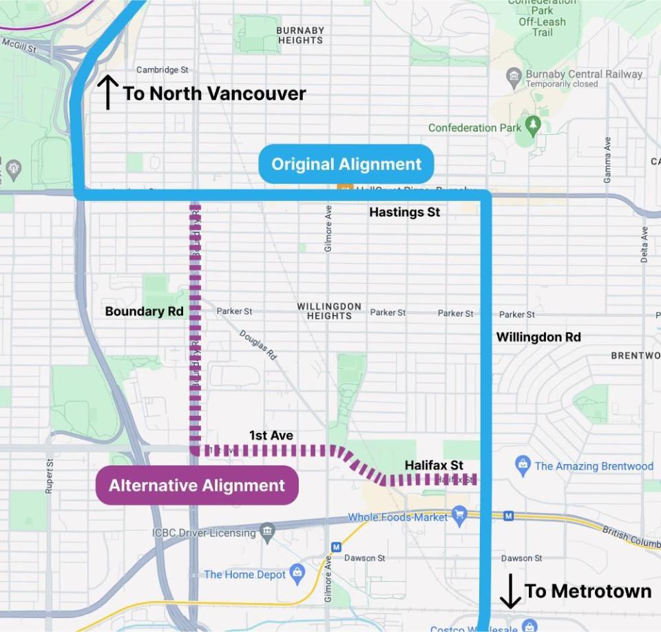 Transit advocacy group Movement says they want the route marked in blue to go ahead, while the Heights Merchants' Association wants the route in purple to go ahead.