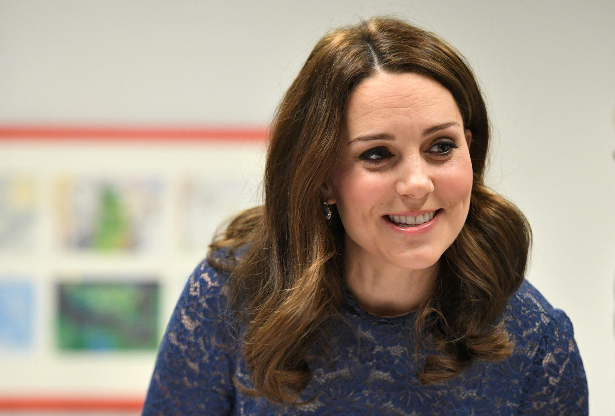 Kate Middleton wore this blue lace Séraphine dress on March 7. (Photo: Victoria Jones/WPA Pool/Getty Images)