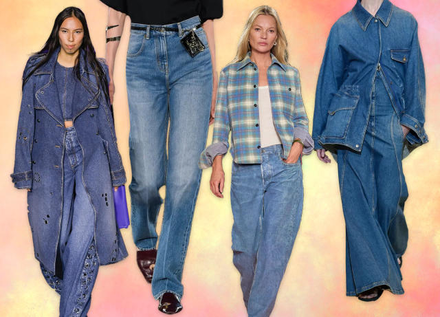 collage of women wearing different kinds of long and loose denim