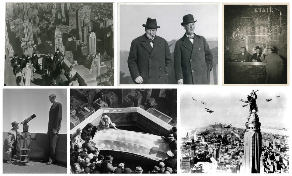 From top left: British politician Anthony Eden with Al Smith atop the building on Dec. 16, 1938; Al Smith entertains Winston Churchill on Feb. 9, 1932; Al Smith and Actor Ed Wynn (right) in the lobby, 1930s; Al Smith uses the building's telescope to get a good look at Robert Wadlow, world's tallest man on April 20, 1937; Mary Pickford, a Canadian-American actress, sends hundreds of balloons into the sky from the 86th floor; King Kong, 1933<span class="copyright">Empire State Realty Trust (3); Getty Images (2); Everett (1)</span>