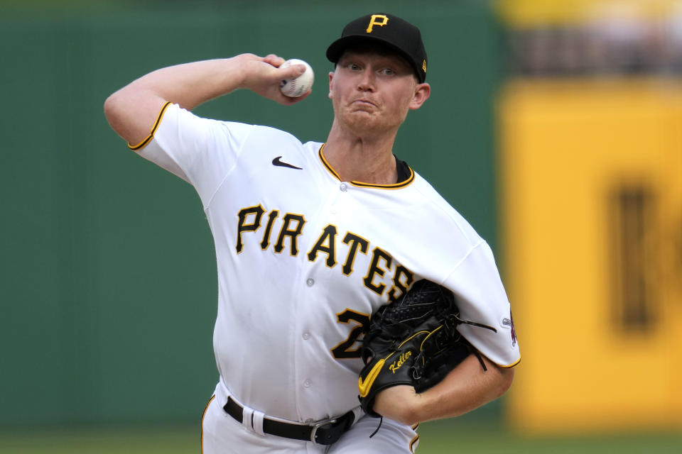 Pittsburgh Pirates starting pitcher Mitch Keller delivers during the first inning of the team's baseball game against the Cleveland Guardians in Pittsburgh, Tuesday, July 18, 2023. (AP Photo/Gene J. Puskar)