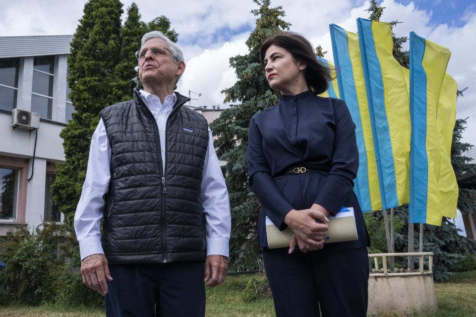 U.S. Attorney General Merrick Garland and Ukrainian Prosecutor General Iryna Venediktova, meet in Krakovets, at the Ukraine border with Poland, on Tuesday, June 21, 2022. / Credit: Nariman El-Mofty / AP