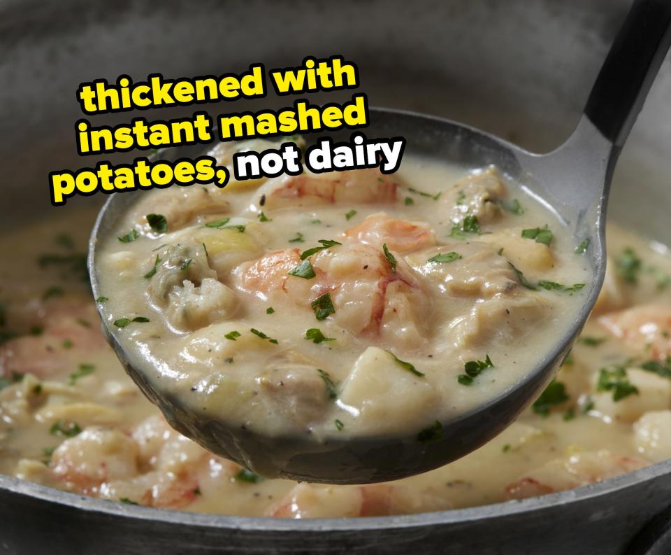 a ladle holding soup out of a pot with the words "thickened with instant mashed potatoes, not dairy"