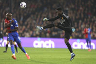 Manchester United's goalkeeper Andre Onana kicks the ball during the English Premier League soccer match between Crystal Palace and Manchester United at Selhurst Park stadium in London, England, Monday, May 6, 2024. (AP Photo/Ian Walton)