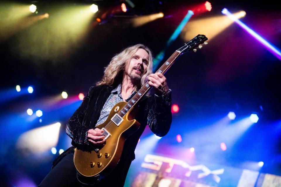 Tommy Shaw of Styx performs on stage at the Verizon Wireless Amphitheater on Saturday, June 18, 2018, in Alpharetta, Georgia. Styx will perform at the California Mid-State Fair in Paso Robles on July 28, 2023.