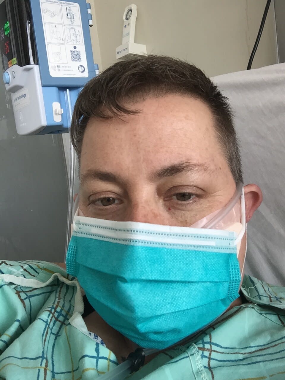 "Some patients find this a little windy," explained the respiratory therapist about the high flow nasal cannula, "or maybe like you have a garden hose up your nose." (Photo: Courtesy of Kelli Dunham)