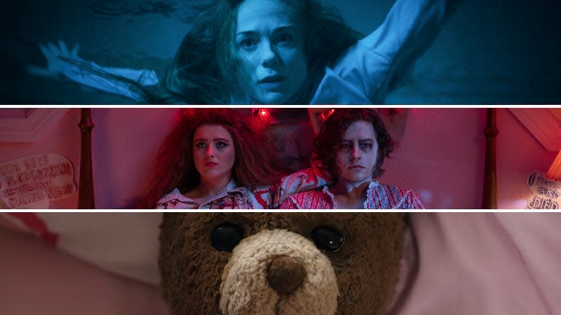 Top to bottom: Kerry Condon in Night Swim (courtesy Universal Pictures), Kathryn Newton and Cole Sprouse in Lisa Frankenstein (courtesy Focus Features), Imaginary (courtesy Lionsgate)