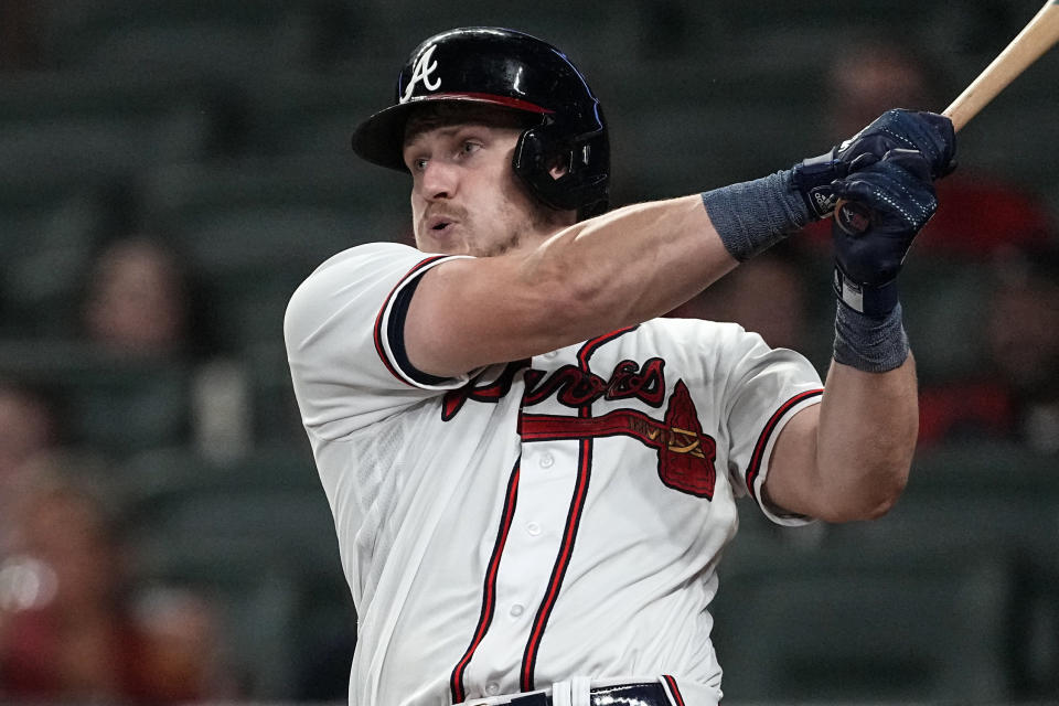 Atlanta Braves' Sean Murphy drives in a run with a double in the eighth inning of a baseball game against the Boston Red Sox Tuesday, May 9, 2023, in Atlanta. (AP Photo/John Bazemore)