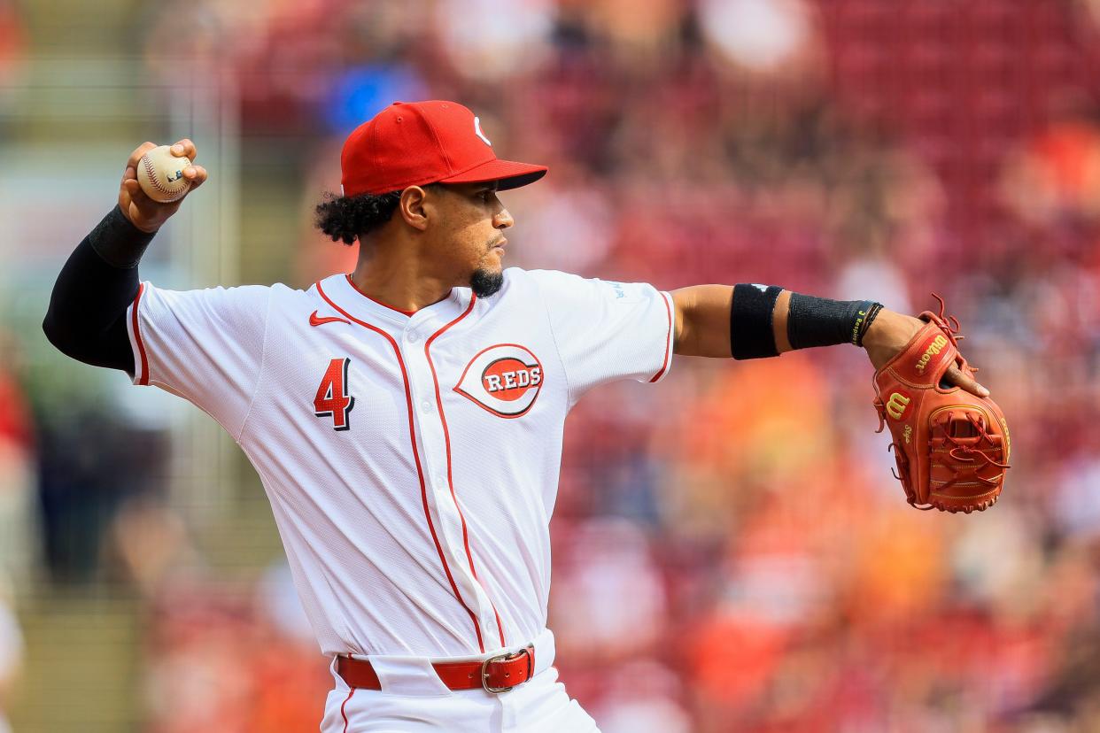 May 5, 2024; Cincinnati, Ohio, USA; Cincinnati Reds third baseman Santiago Espinal (4) throws to first to get Baltimore Orioles catcher Adley Rutschman (not pictured) out in the third inning at Great American Ball Park.