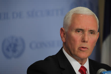 FILE PHOTO: U.S. Vice President Mike Pence speaks to reporters outside the United Nations Security Council at U.N. headquarters in New York, U.S, April 10, 2019. REUTERS/Brendan McDermid