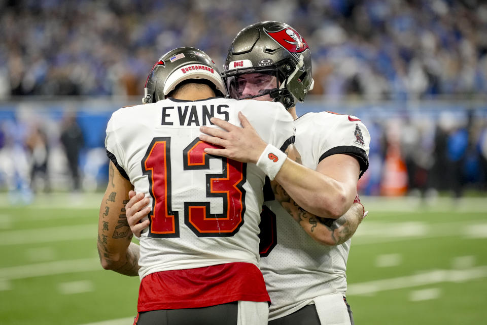 Will Baker Mayfield and Mike Evans be back together in Tampa Bay this upcoming season? (Photo by Nic Antaya/Getty Images)