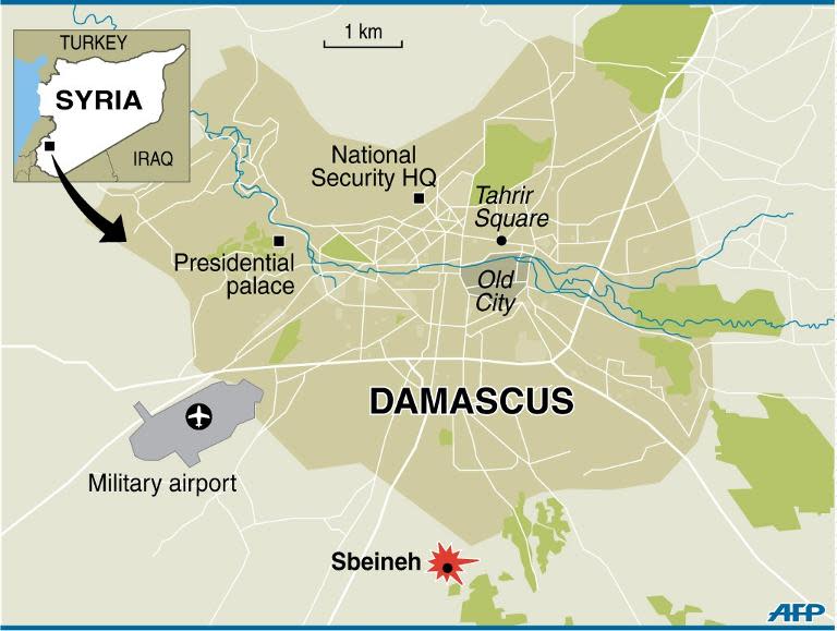 Map of Damascus locating Sbeineh, which the army has recaptured from rebel fighters