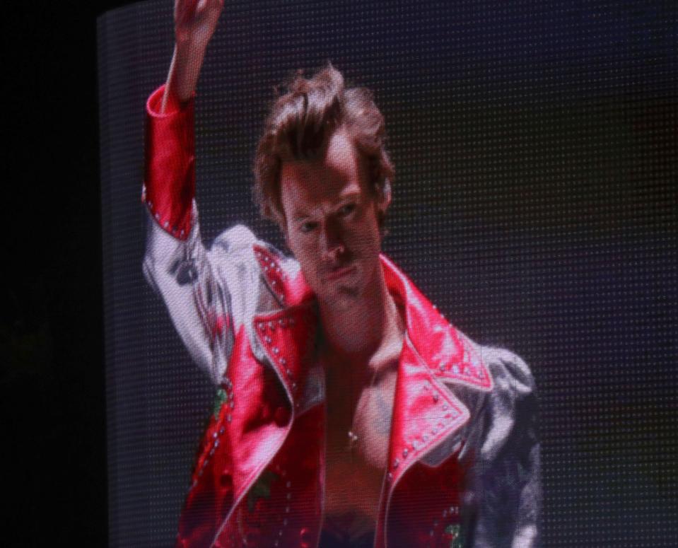 Harry Styles performs on the Coachella Stage at the Coachella Valley Music and Arts Festival in Indio, Calif., April 22, 2022.