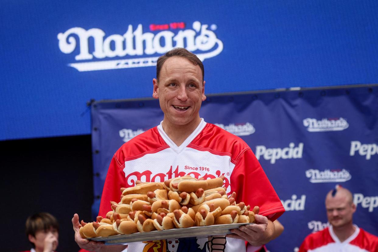 <span>World champion Joey Chestnut during the weigh-in ceremony ahead of the Nathan's hotdog-eating contest in Coney Island, New York, on 3 July 2023.</span><span>Photograph: Brendan McDermid/Reuters</span>