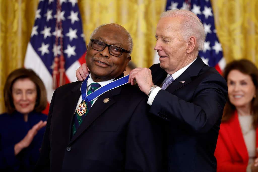 U.S. President Joe Biden awards the Medal of Freedom to U.S. Rep. James Clyburn (D-SC) during a ceremony in the East Room of the White House on May 3, 2024 in Washington, DC. (Photo by Kevin Dietsch/Getty Images)