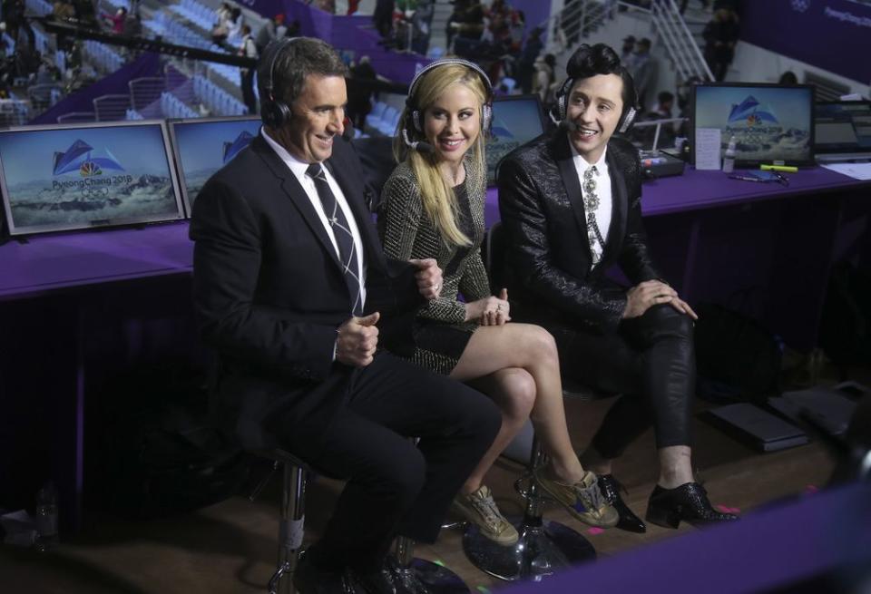 Terry Gannon, Tara Lipinski and Johnny Weir in PyeongChang