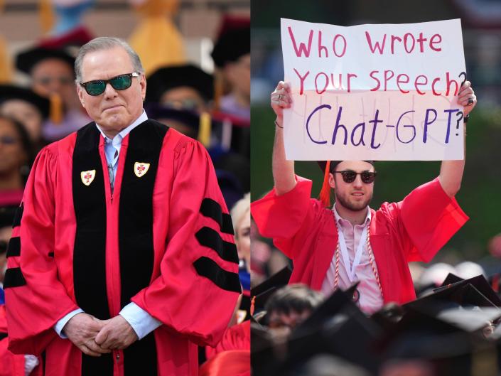 David Zaslav wears a red commencement gown on the left, and a protestor wearing a similar gown holding up a sign that says &quot;Who wrote your speech? ChatGPT?&quot; on the right.